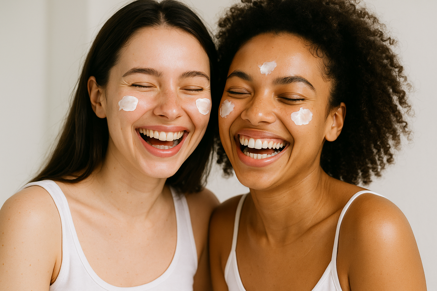 deux filles qui rient avec la creme de skincare sur leur visage